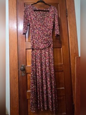 NWOT Salaam Floral Ruched Faux Wrap Maxi Dress in Burgundy Pink & Blue